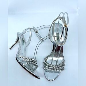 Prada Silver Leather Crystal embellished strappy heels EU 39